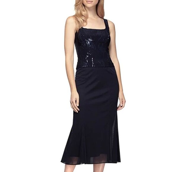NWT Alex Evenings Size 8P Square Neck Sequin Waves Midi Dress Navy *Dress Only* - Picture 1 of 12